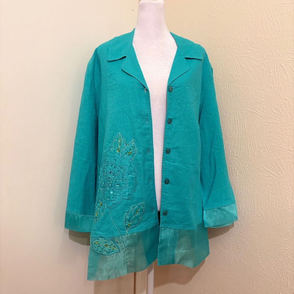 Teal Fairy Boho Linen Blend Embroidered Beaded Floral Lightweighht Jacket 2X